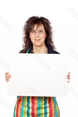 Housewife in apron holding the blank banner