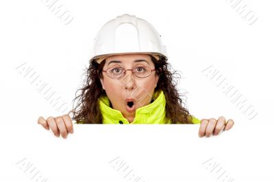 Female construction worker surprised