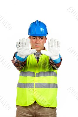 Construction worker with gloves, order to stop