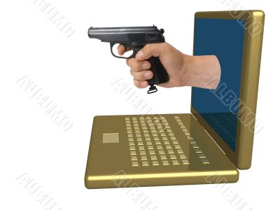 Hand with a pistol put out from a laptop