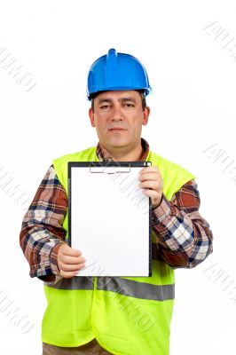 Construction worker showing a blank notebook
