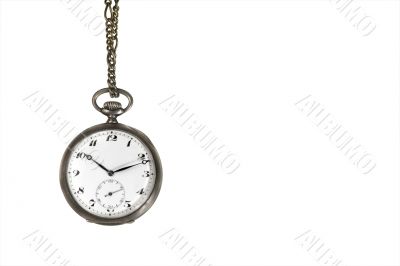 Old pocket watch hanging on white with text space