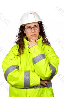 Worried female construction worker