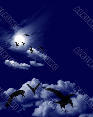 Ravens Flock in a Moonlit Skyscape