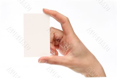 Woman holding a business card