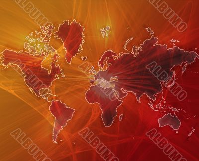 Data transfer over a map of the world red orange