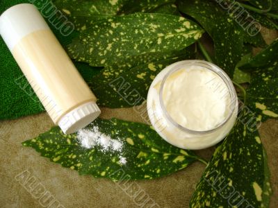 cream, bottle of powder and towel with green leaves