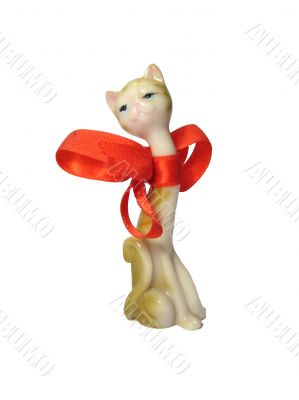 Porcelain-figure of cat with red bow