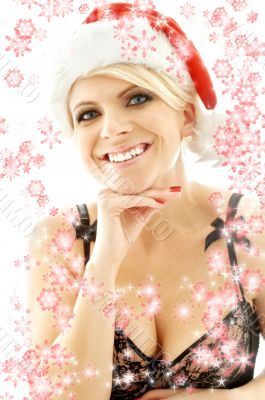 christmas blond in lingerie black with snowflakes