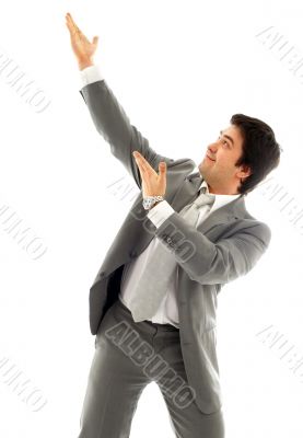 businessman showing imaginary product