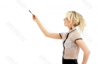 energetic businesswoman with pen
