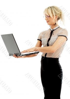 portrait or energetic businesswoman with laptop