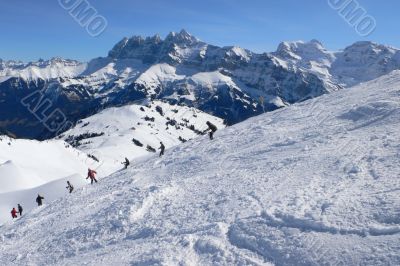 Skiers  with Dents du Midi