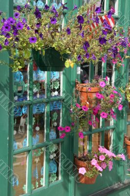 Shopfront with flowers in hanging pots