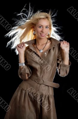 dancing blond in brown dress