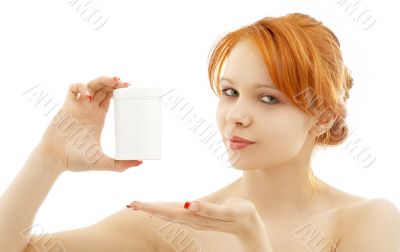 lovely redhead showing blank medication container