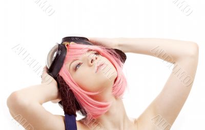 daydreaming pink hair girl in aviator helmet
