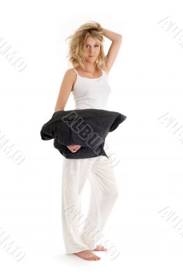 happy blond with black pillow