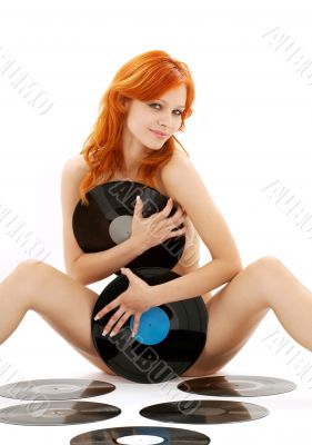 naked redhead with vinyl records