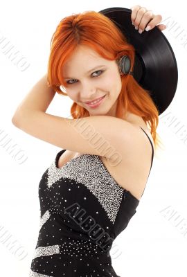 happy redhead with vinyl record