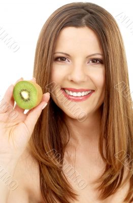 beautiful brunette showing fresh kiwi