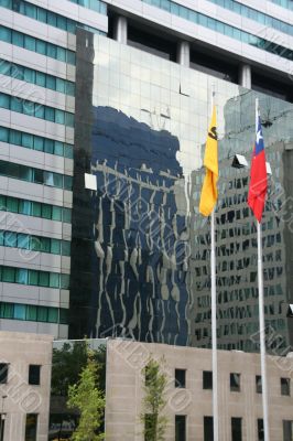 Modern building, with flags
