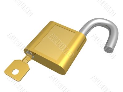 The open lock with key. 3D object.