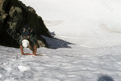 Descending steep glacier wall,