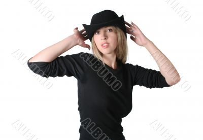 Beauty blonde girl with black hat