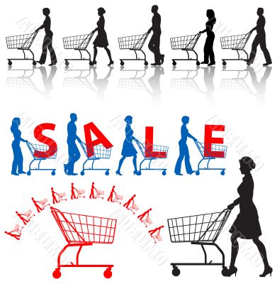 Shoppers Shopping Carts Silhouettes Shoppers Shopping Carts Silhouettes