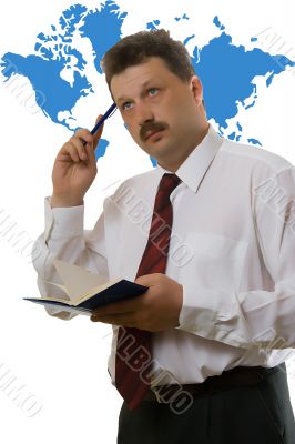 Young the man with a notebook on a white background