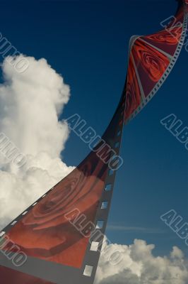 Film with roses on a background of the cloudy sky