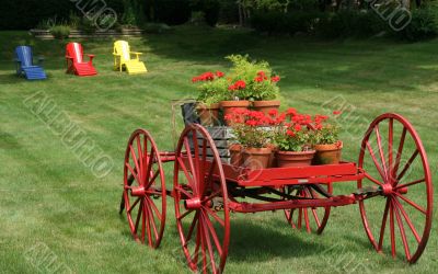 Flowers in wagon,	resort lawn