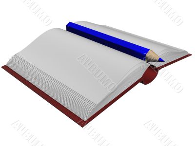 The isolated illustration of the book and pencil. 3D image.