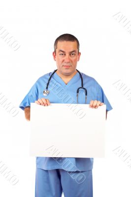 Male doctor holding the blank placard