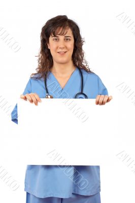 Female doctor holding the blank placard