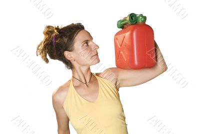 woman looks at petrol can