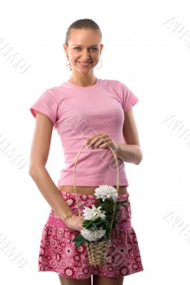 smiling girl with flowers basket