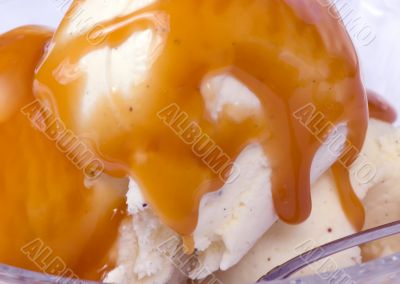 Caramel syrup on ice cream