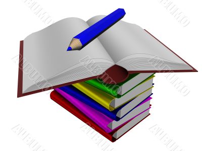 Pile of books and pencil. 3D the isolated image.