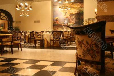 Tables and chairs, low angle