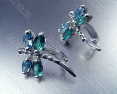 Earrings with emeralds and sapphires In the form of a dragonfly