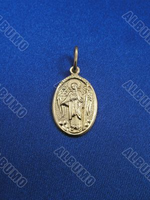 Golden icon on blue background