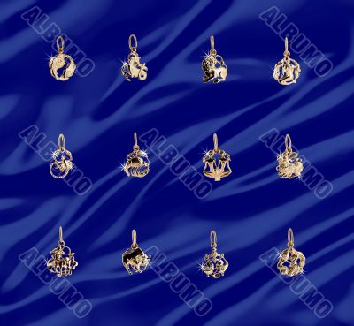 Twelve gold jewelry symbols on the zodiac