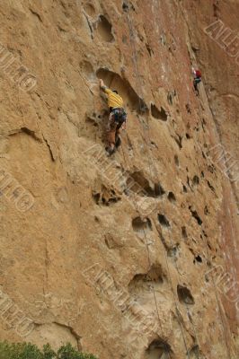 Rock climber on potholes route