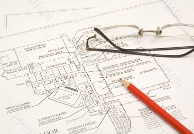 draftings, pencil and glasses