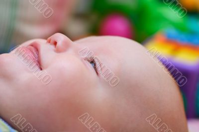 Baby`s happy face. Close up