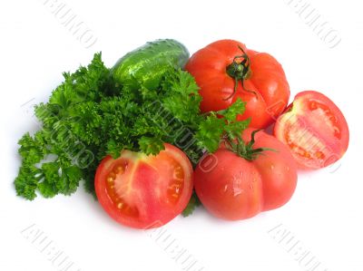 Cucumbers, tomatoes and greens