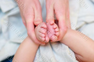 Mother hold baby leg in hand like rose flower
