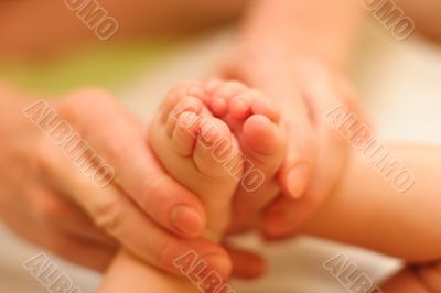 Mother gently hold baby leg in hand Mother gently hold baby leg in hand